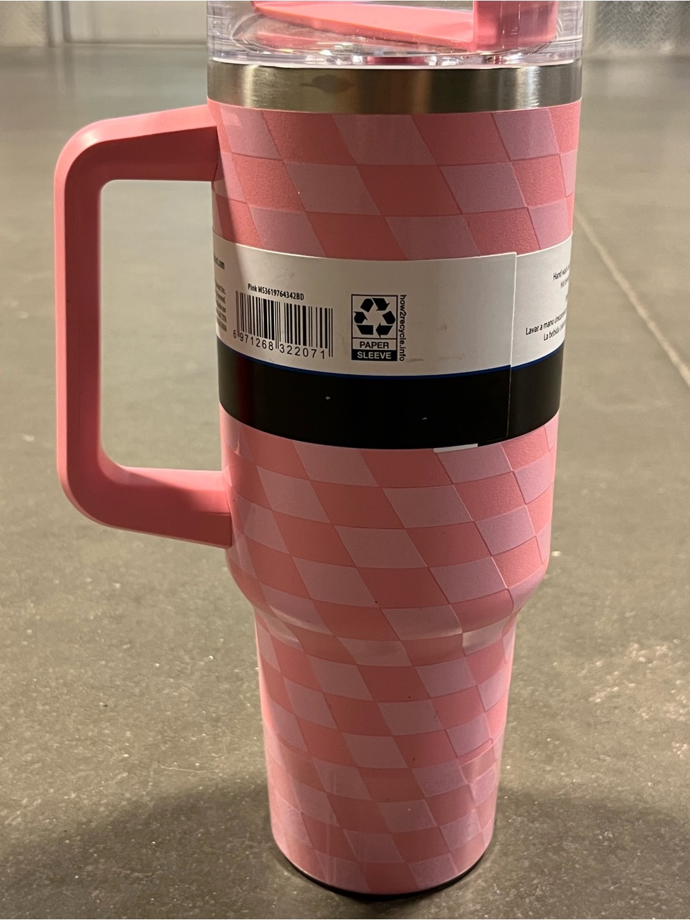 Mainstays Pink Checkered Travel Tumbler with Handle